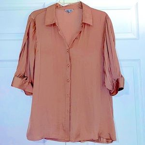 Naked Zebra rose colored button up blouse, with 3/4 length sleeves.